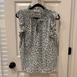 Buddy Love Blue Leopard Ruffle Tie-Neck Sleeveless Top